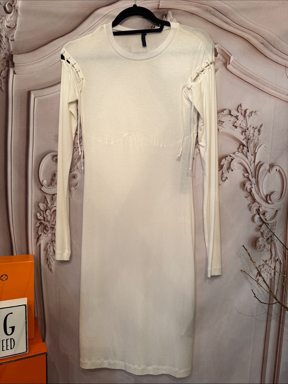 Cream Long Sleeve Knit Dress with Lace-Up Shoulder Detail